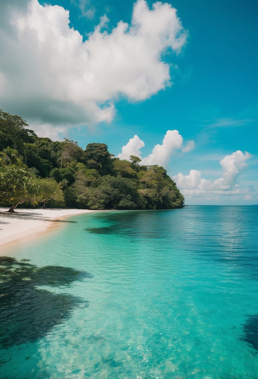 A secluded beach on Pulau Ubin, with crystal-clear waters and lush greenery, perfect for a romantic honeymoon getaway in Singapore