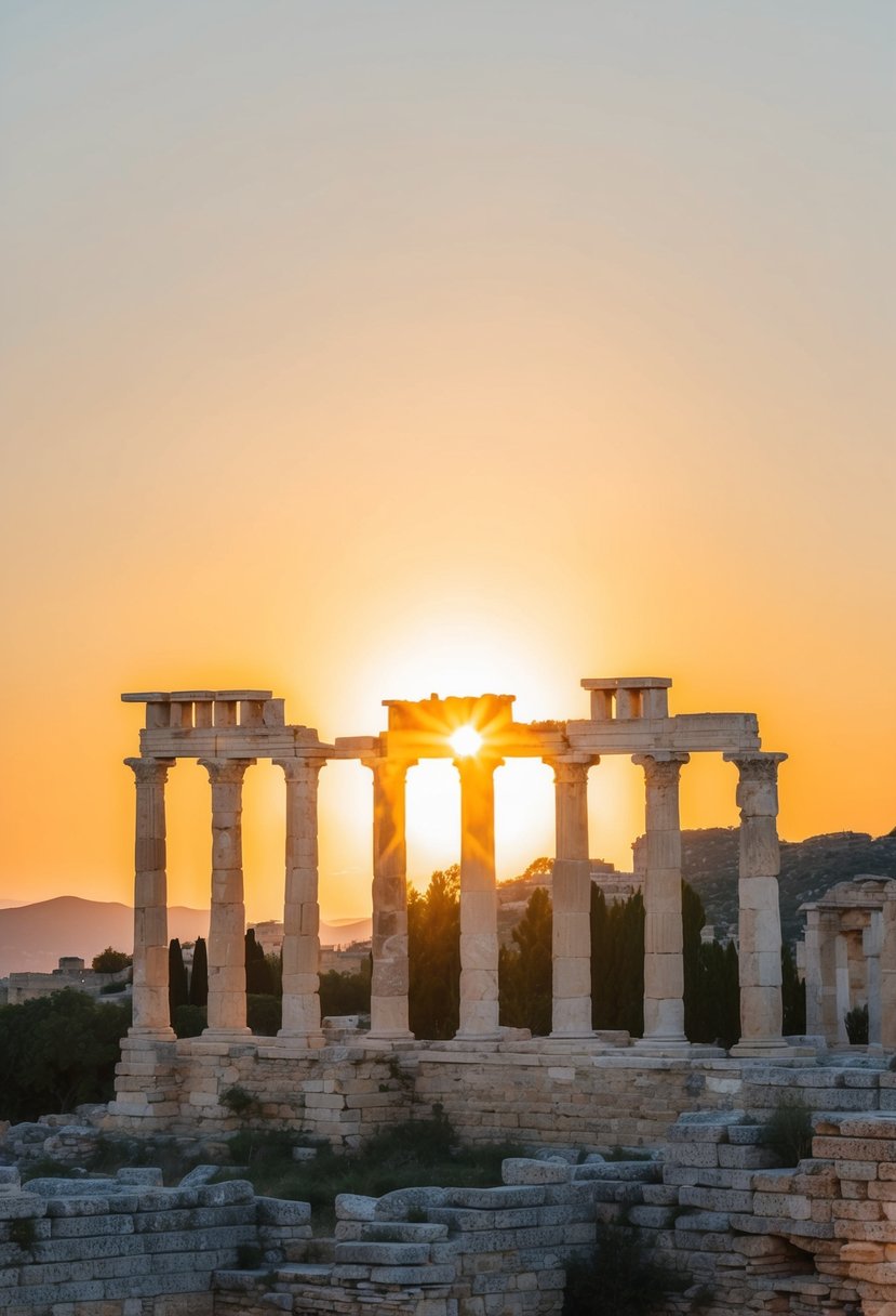 The sun sets over the ancient ruins of Ephesus, casting a warm glow on the weathered stone columns and crumbling walls