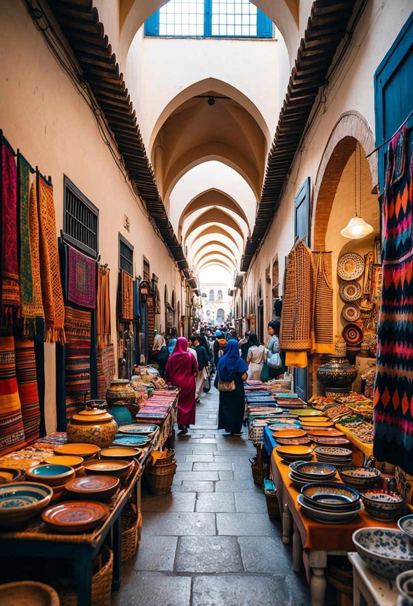 Busy marketplace with colorful textiles and pottery displayed in narrow alleys under arched ceilings. Numerous stalls and shops line the bustling streets