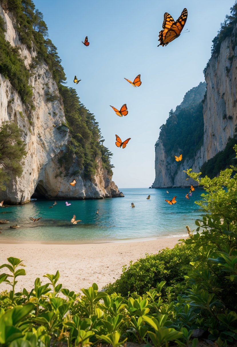 A serene beach nestled between towering cliffs, with colorful butterflies fluttering among lush greenery in Fethiye Butterfly Valley, Turkey