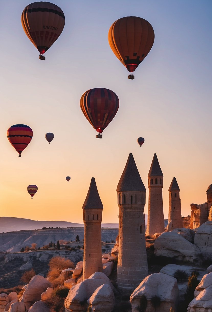 Fairy chimneys rise from the rocky landscape, with hot air balloons floating in the sky above. The sun sets over the unique honeymoon destination in Goreme, Turkey