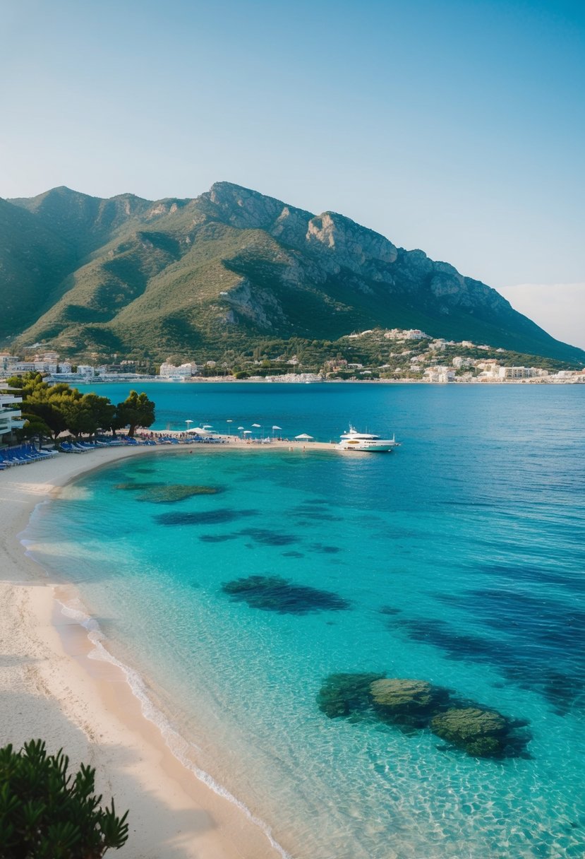 A serene beach with crystal-clear waters and lush green mountains in the background, overlooking the Aegean Sea in Kusadasi, Turkey