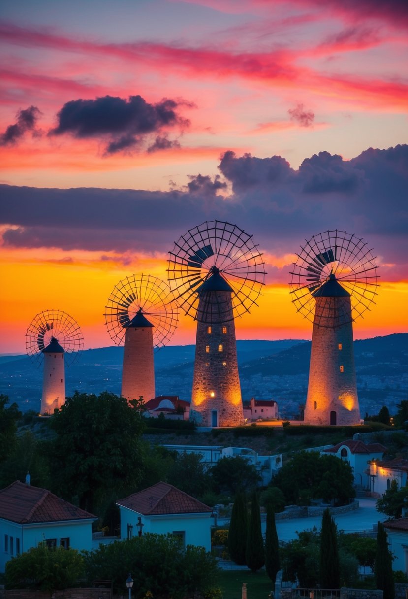 The iconic Alaçatı Windmills stand tall against the backdrop of a vibrant sunset, overlooking the picturesque landscape of this romantic honeymoon destination in Turkey
