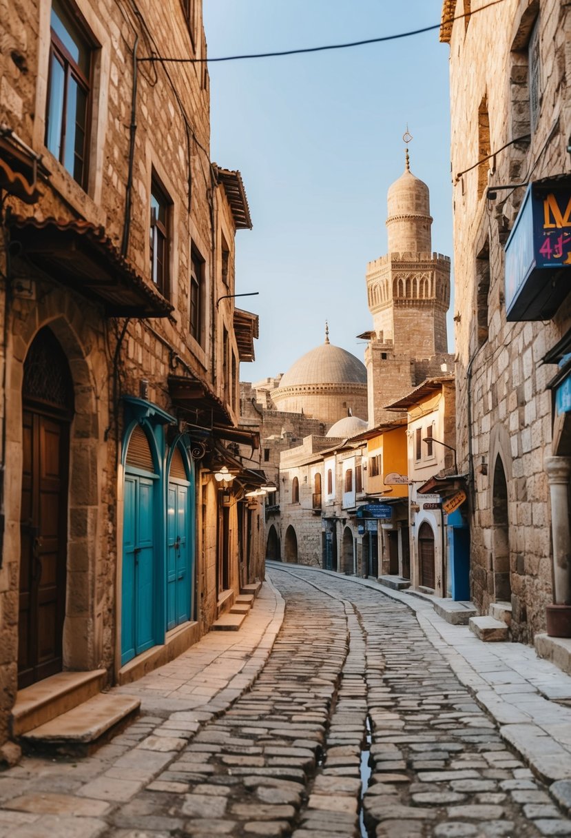 The narrow cobblestone streets wind through ancient stone buildings in Mardin Old Town, with colorful bazaars and historic mosques creating a romantic atmosphere