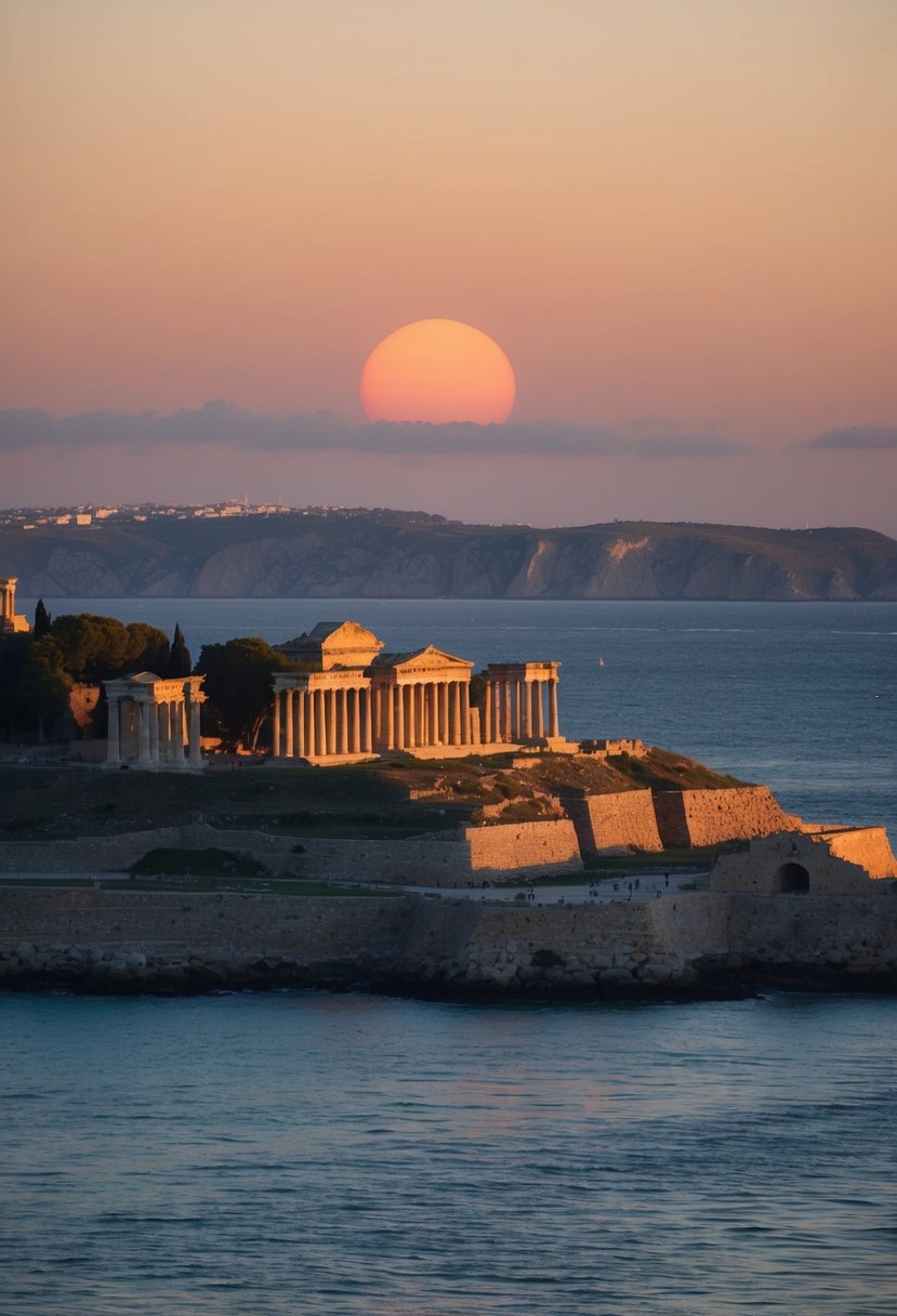The sun sets over the ancient ruins of Gallipoli, casting a warm glow on the historical sites nestled along the rugged coastline of Turkey