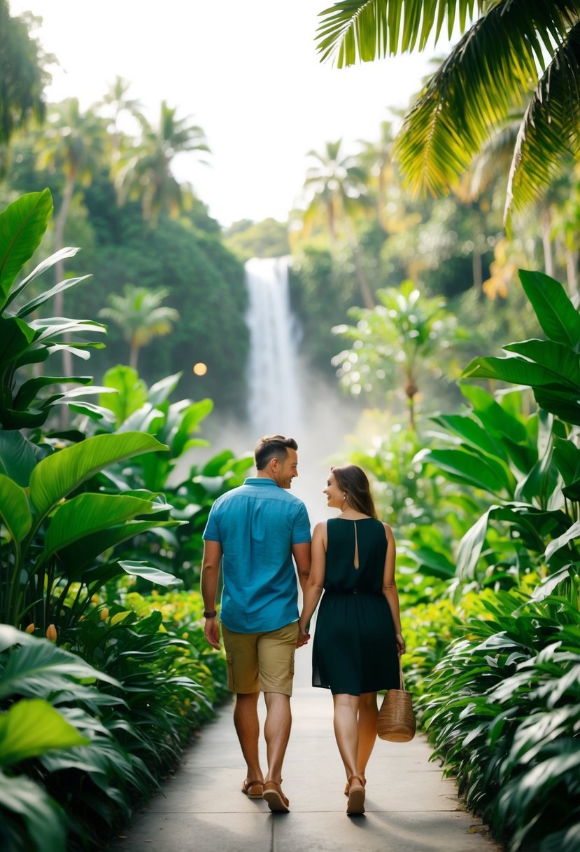 A couple strolling through a lush, tropical forest with a waterfall in the background