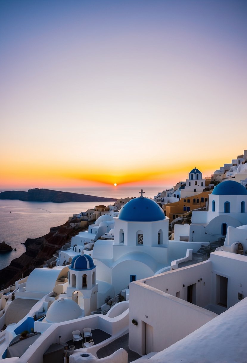A stunning sunset over the white-washed buildings of Santorini, with the iconic blue domes and crystal-clear waters below