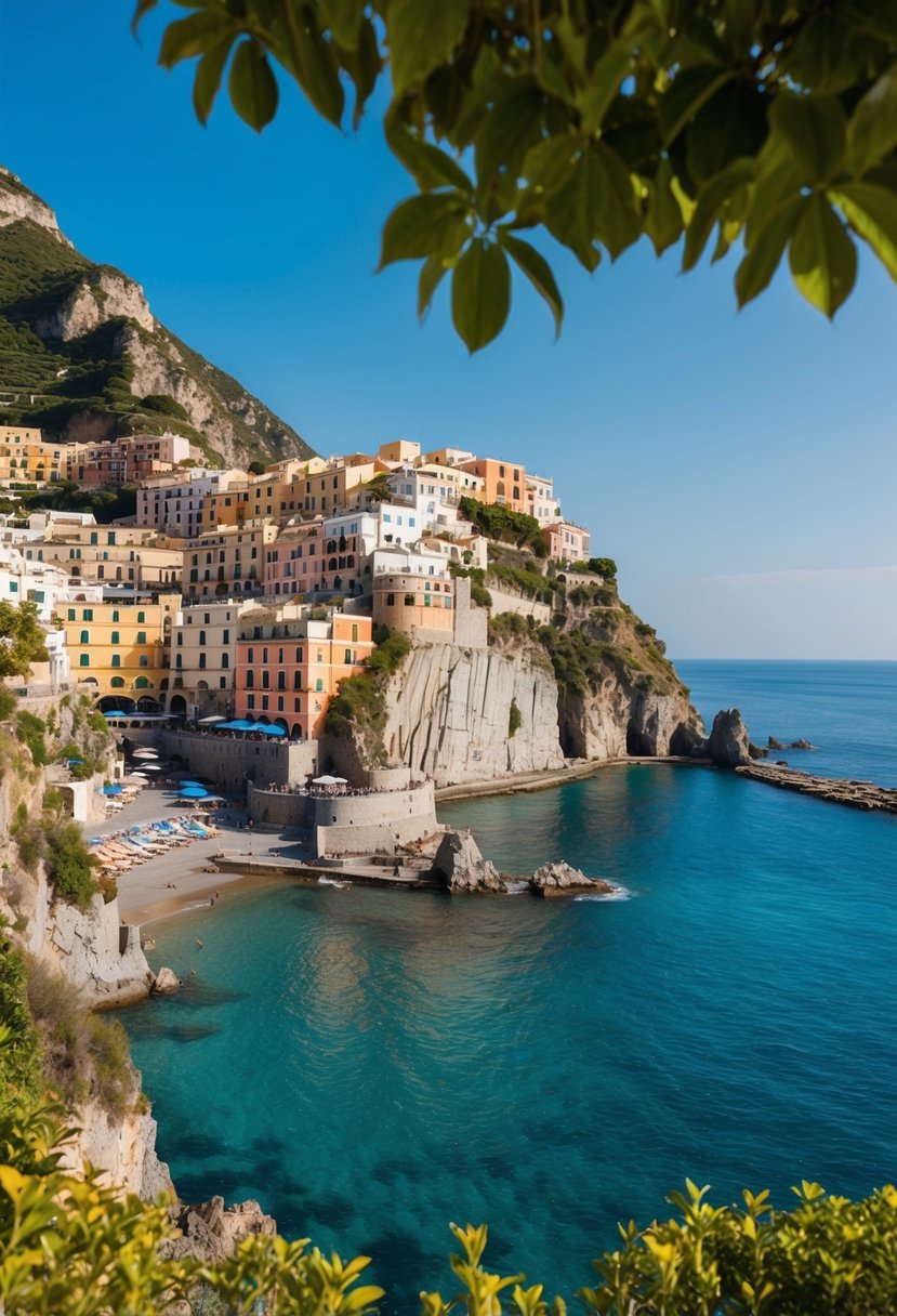 A serene beach cove nestled between towering cliffs, with colorful houses cascading down the hillside, overlooking the sparkling blue waters of the Amalfi Coast, Italy