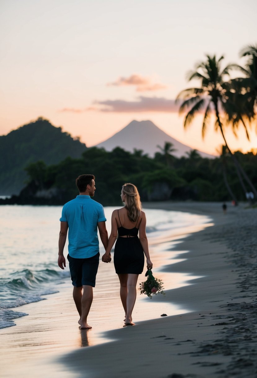 A couple walks along a secluded beach at sunset, with palm trees and a distant volcano in the background