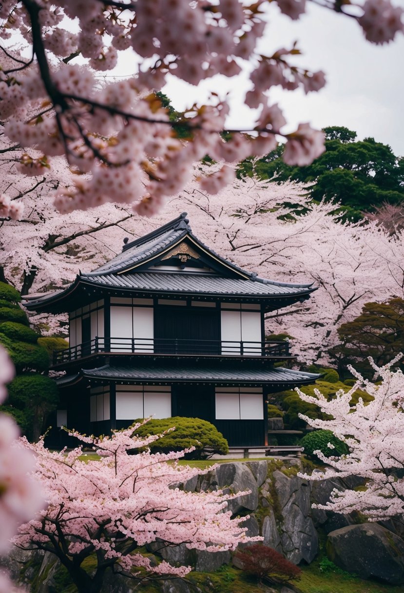 A traditional Japanese tea house nestled among blooming cherry blossoms in Kyoto, Japan