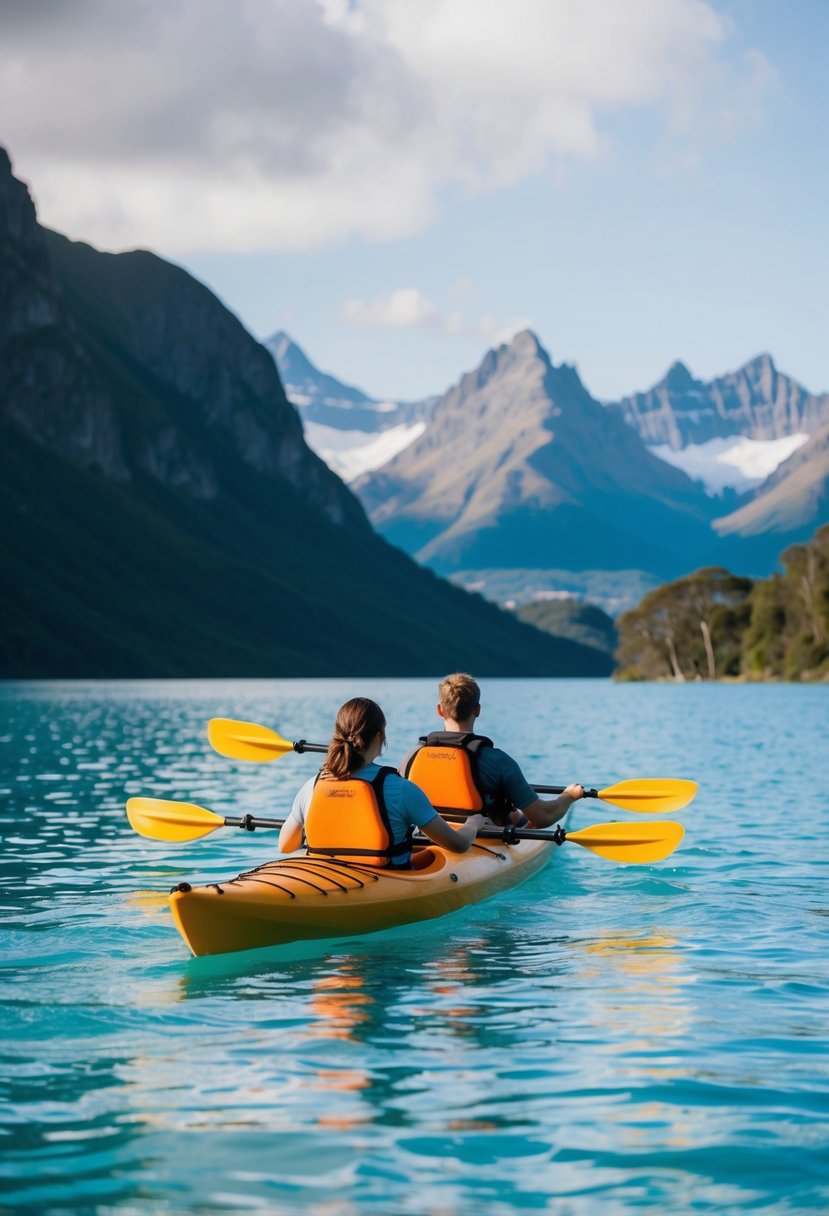 A couple kayaking on the crystal-clear waters of Lake Wakatipu, with the majestic Remarkables mountain range in the background