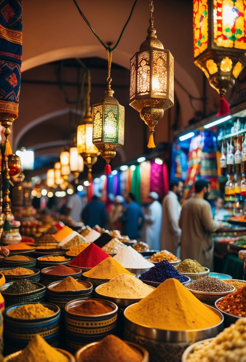 A bustling Marrakech marketplace with colorful textiles, intricate lanterns, and aromatic spices