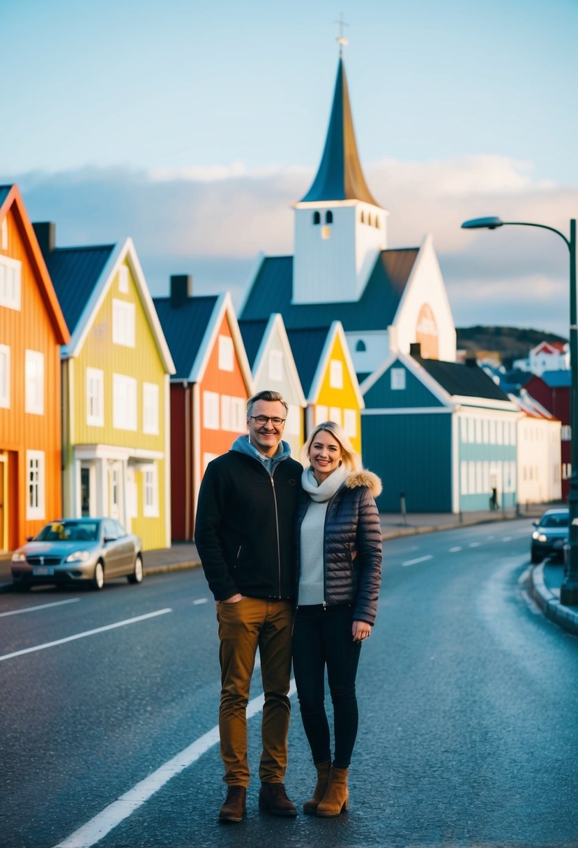 A couple stands in front of the colorful houses lining the streets of Reykjavik, with the iconic Hallgrímskirkja church in the background