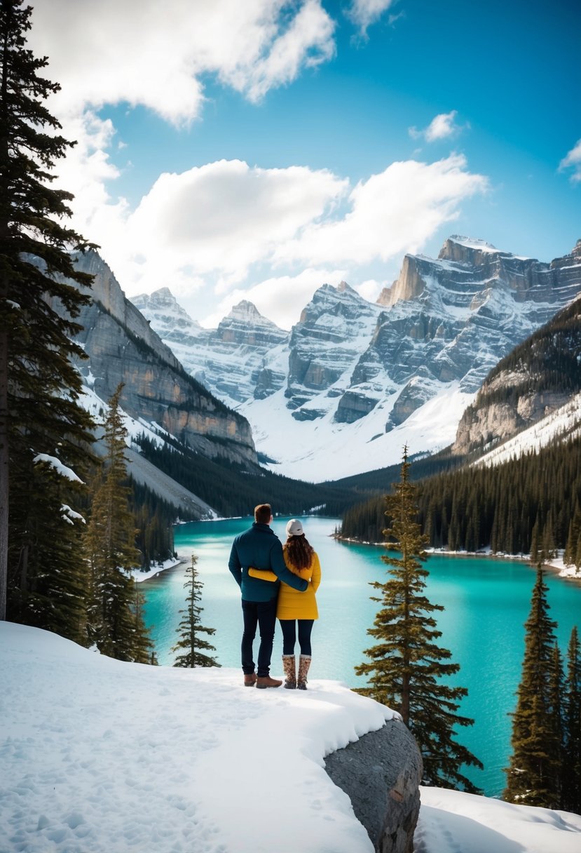 A couple stands on a snow-covered mountain ledge overlooking a crystal-clear lake surrounded by towering pine trees and snow-capped peaks in Banff, Canada
