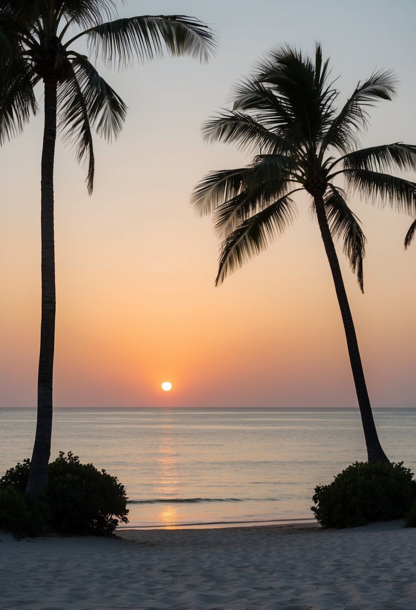 A serene beach at sunset, with palm trees and a calm ocean, sets the scene for a romantic honeymoon in Zanzibar, Tanzania