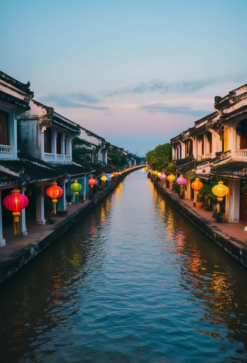 A serene river flowing through Hoi An's ancient streets, lined with colorful lanterns and traditional Vietnamese architecture