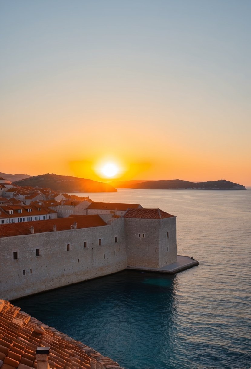 The sun sets over the ancient stone walls of Dubrovnik, casting a warm glow over the terracotta rooftops and the sparkling Adriatic Sea