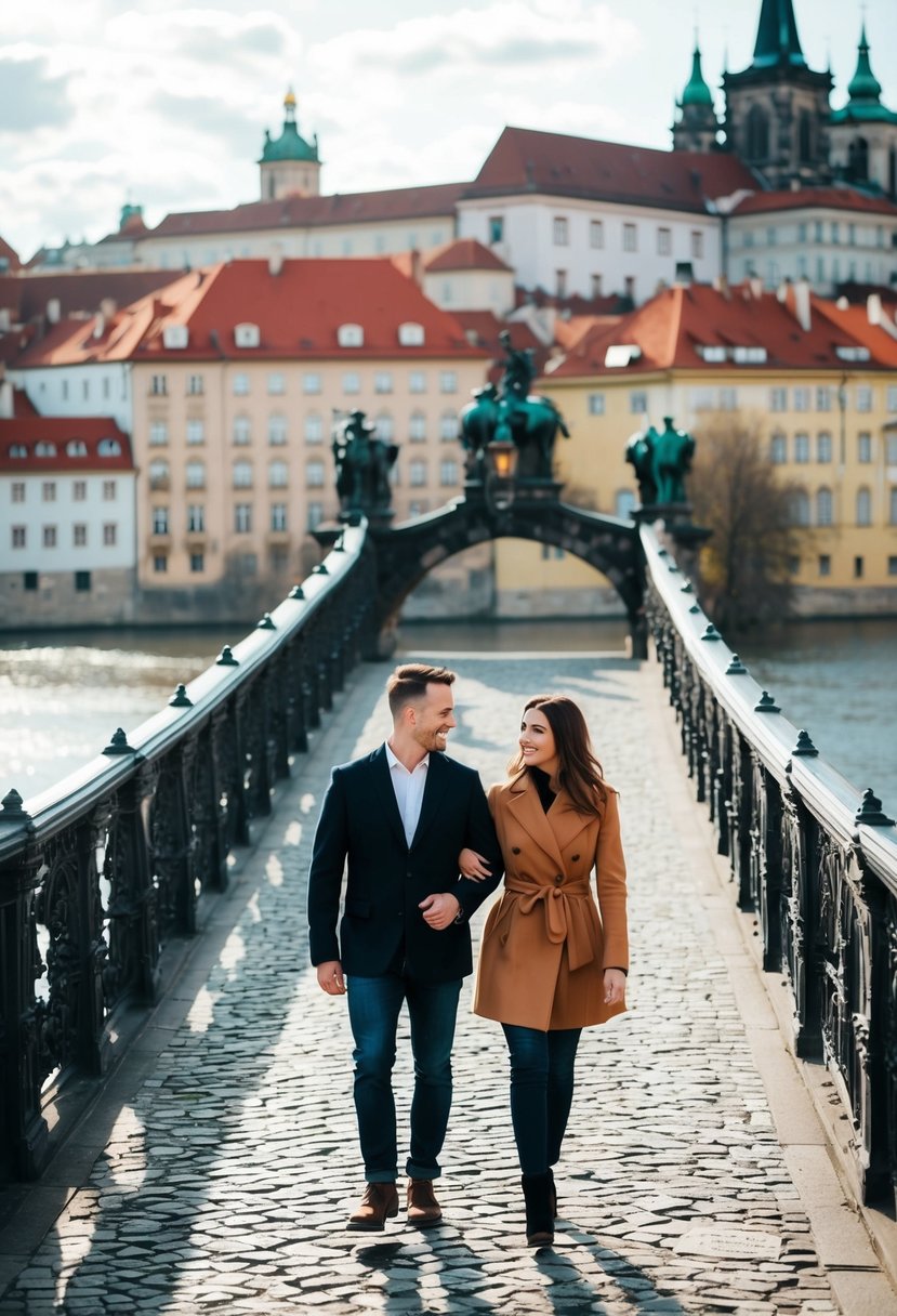 A couple strolling over the historic Charles Bridge in Prague, with the city's iconic red rooftops and the Vltava River in the background