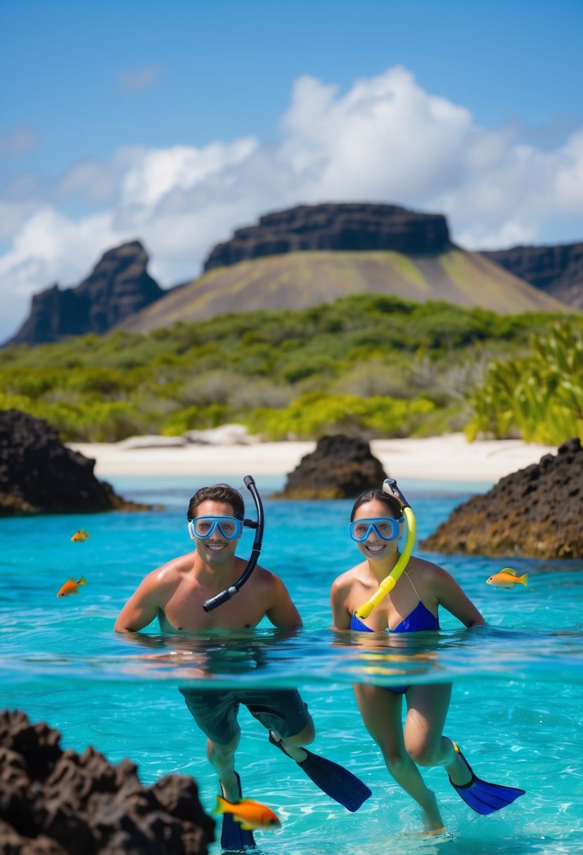 A couple snorkeling among colorful fish and vibrant coral in the crystal-clear waters of the Galápagos Islands, with a backdrop of lush greenery and volcanic rock formations