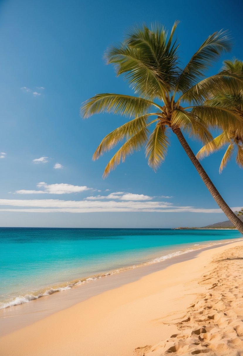 Turquoise waters lap against golden sands at a secluded Maui beach, with palm trees swaying in the gentle breeze under a clear blue sky