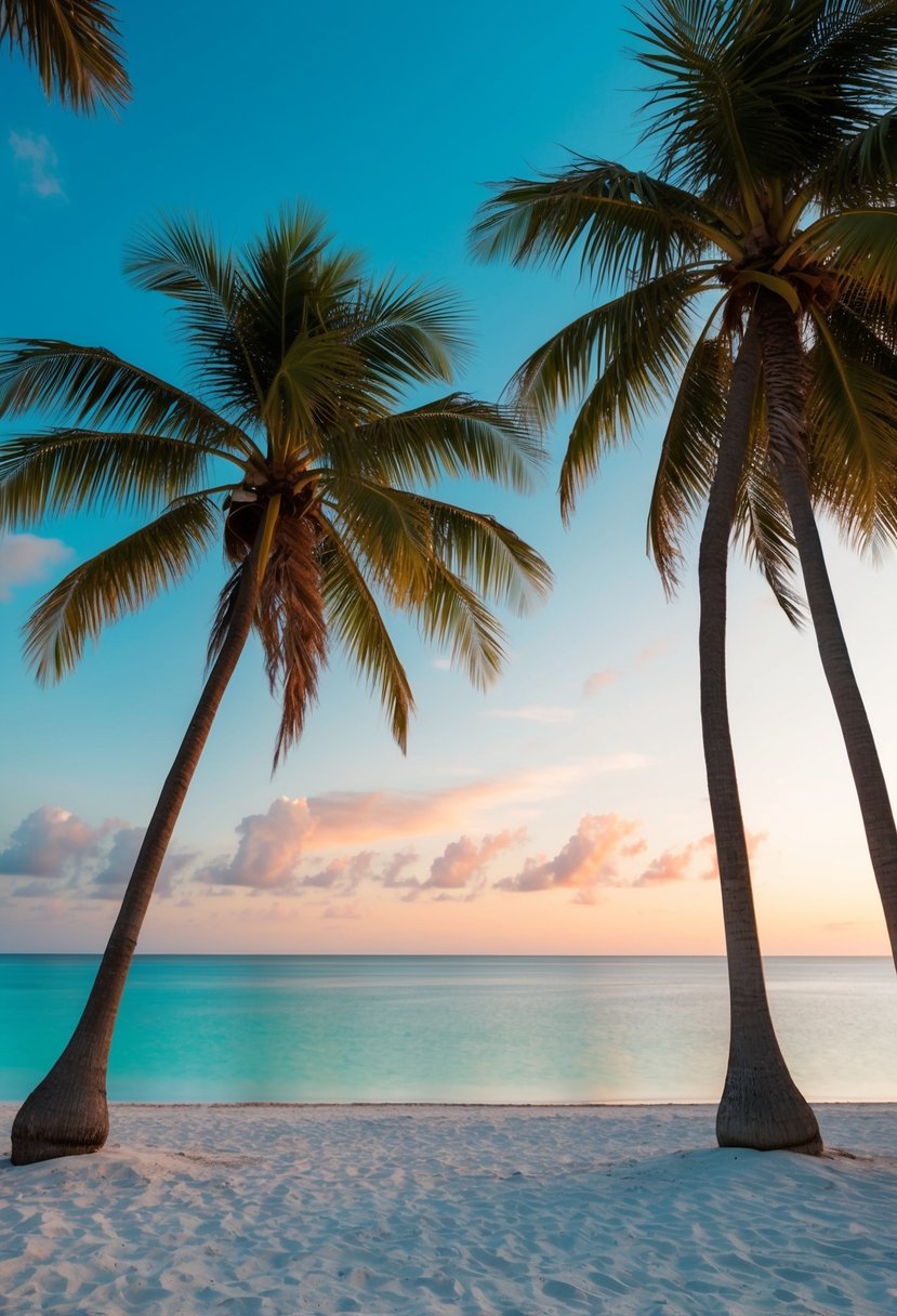 A serene Key West beach at sunset, with palm trees, white sand, and calm turquoise waters