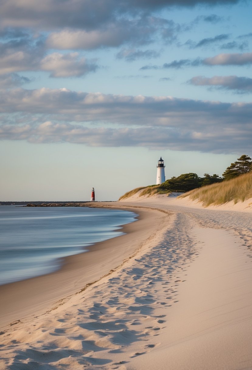 Sandy beach with dunes, lighthouse, and calm ocean waves on Cape Cod, Massachusetts