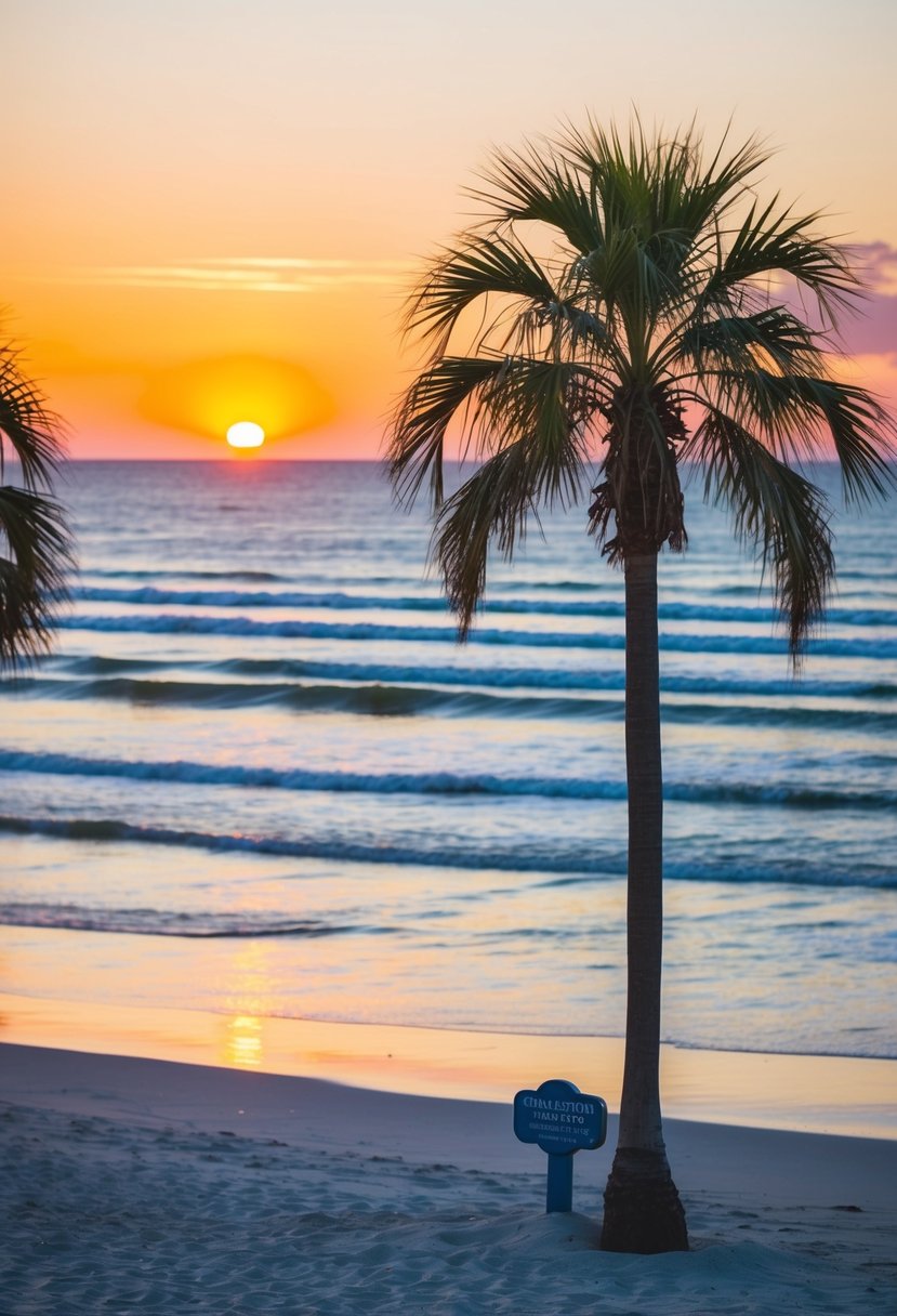 A serene beach at Charleston, South Carolina. Gentle waves, palm trees, and a colorful sunset over the horizon