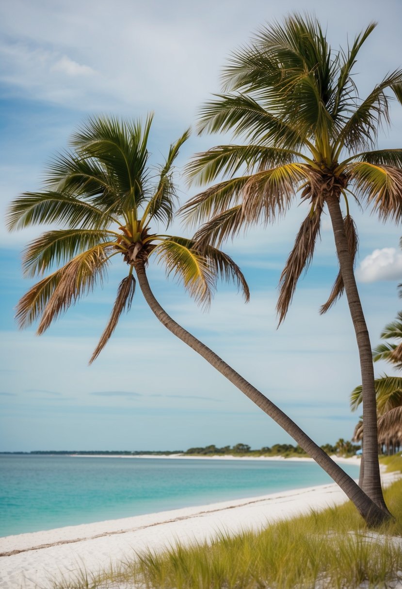 A serene beach with palm trees, white sand, and calm turquoise waters on Amelia Island, Florida, USA