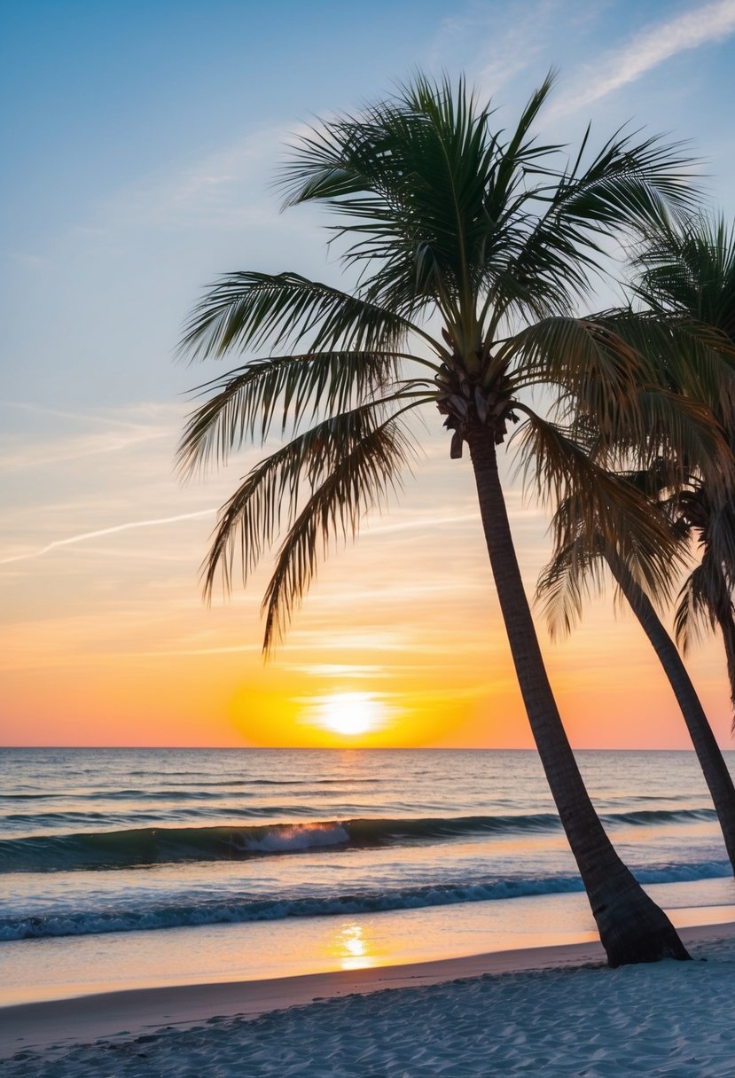 A serene Myrtle Beach sunset, with palm trees, calm waves, and a colorful sky, creating a romantic atmosphere for a beach honeymoon