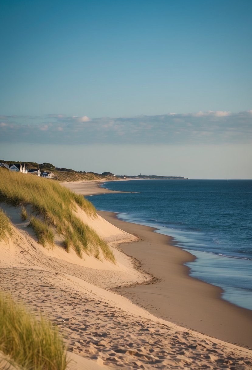 Golden sand, dunes, and grassy cliffs line the shore of Nantucket, with the deep blue Atlantic stretching out to the horizon
