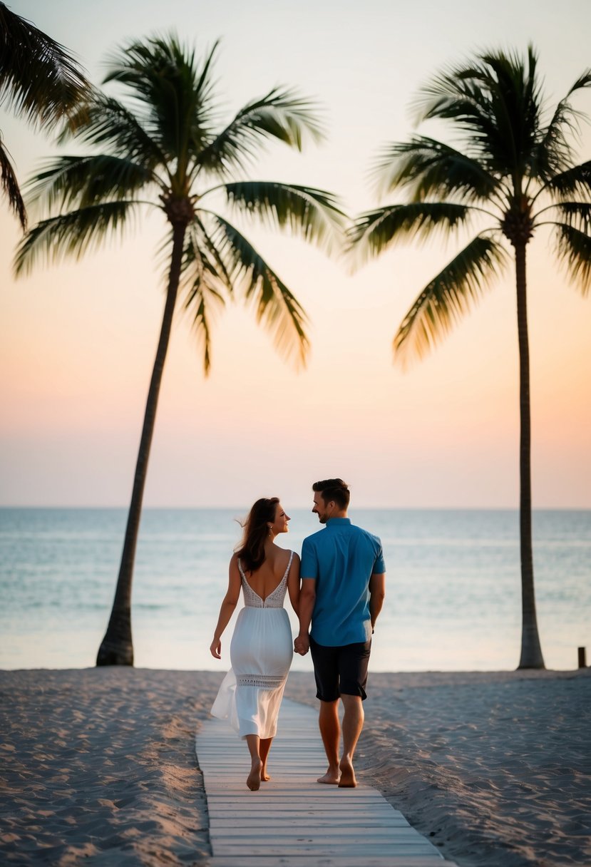 A couple strolling along a serene beach at sunset, with palm trees and a calm ocean in the background, creating a romantic and picturesque setting for a honeymoon