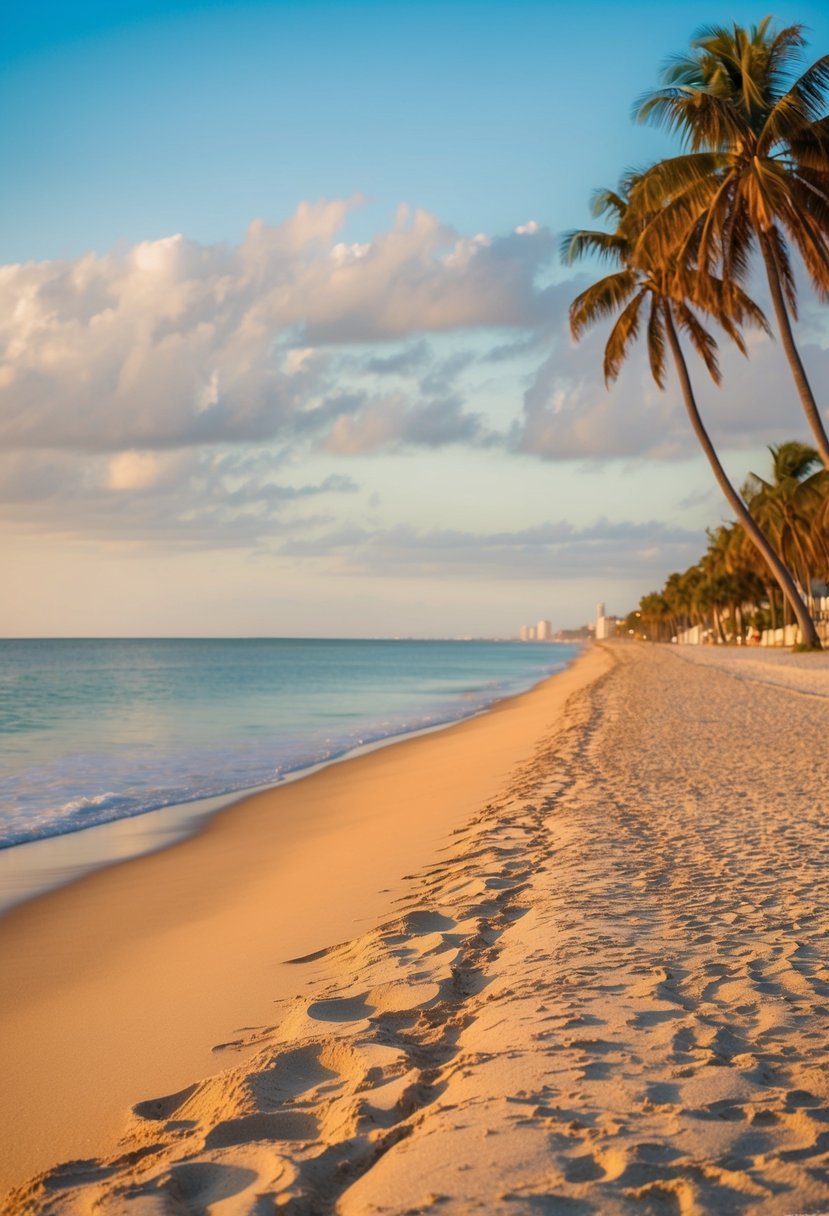 Golden sand stretches along the coast, meeting the calm, azure waters of St. Augustine Beach. Palm trees sway in the gentle breeze, framing a picturesque scene