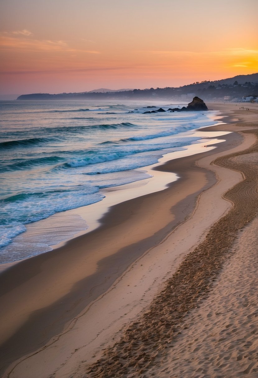 A picturesque beach in Carmel-by-the-Sea, California, with golden sands, gentle waves, and a stunning sunset over the Pacific Ocean