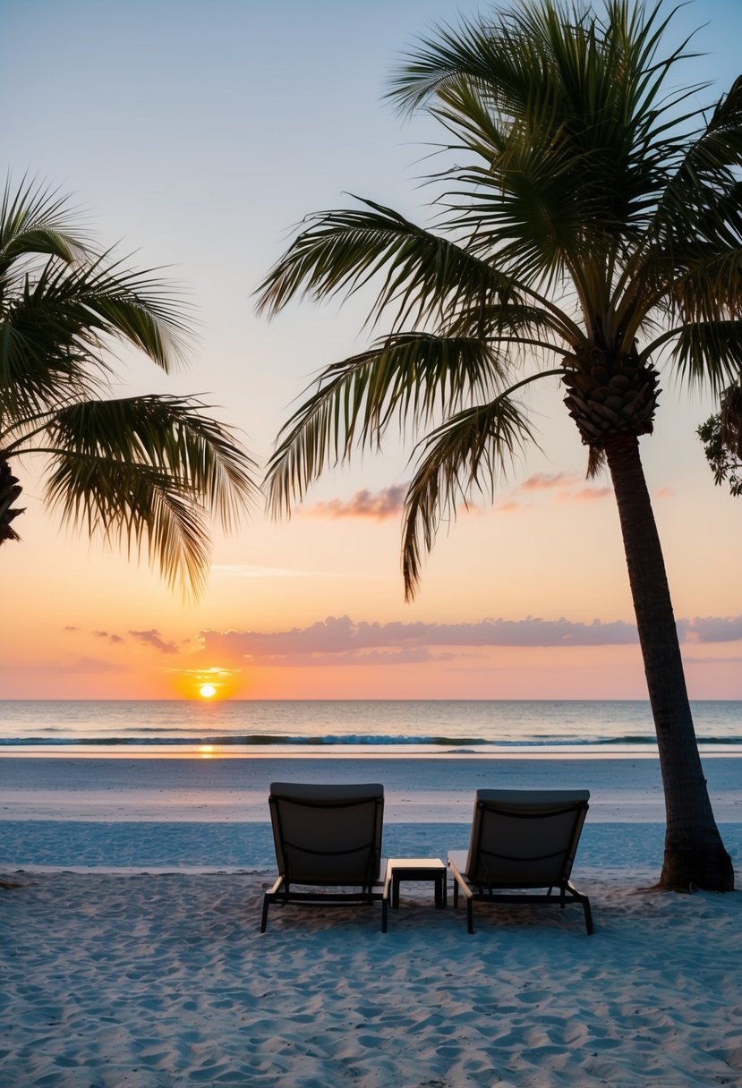 A serene beach at sunset with palm trees, a couple of lounge chairs, and a view of the ocean in Charleston, South Carolina