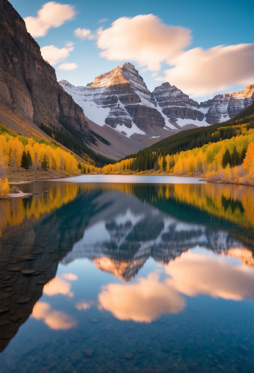 A serene mountain landscape with snow-capped peaks, a tranquil lake, and vibrant autumn foliage in Aspen, Colorado