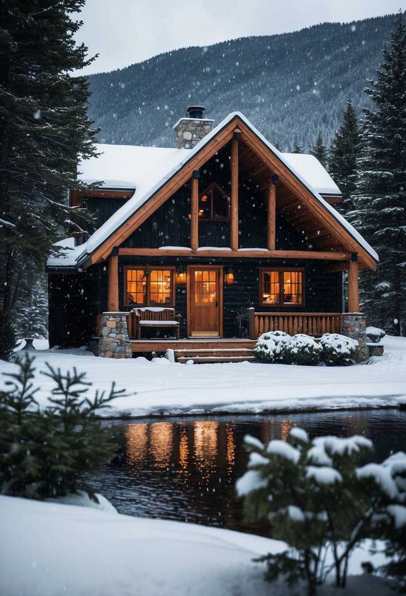 A cozy cabin nestled among snow-covered mountains in Stowe, Vermont. A warm fire crackles inside as snowflakes gently fall outside
