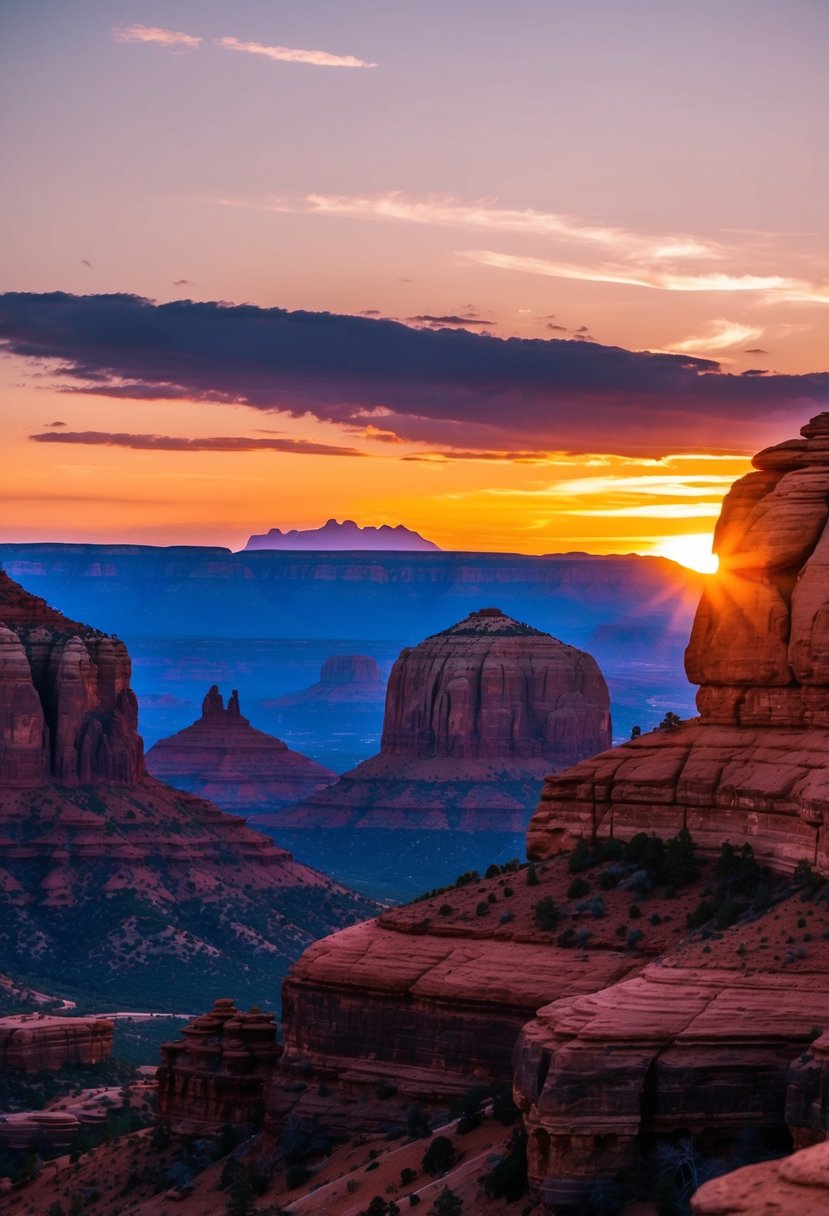 A stunning sunset over the red rock formations of Sedona, Arizona, with a peaceful and romantic atmosphere perfect for a honeymoon