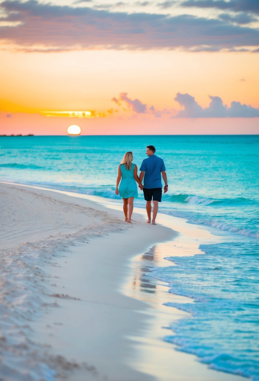 A couple walking along the pristine sandy beach at Sanibel Island, with clear turquoise waters and a colorful sunset in the background