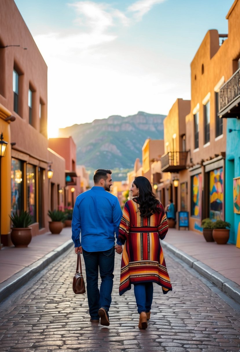 A couple strolls through the vibrant streets of Santa Fe, with adobe buildings and colorful art galleries lining the cobblestone pathways. The sun sets behind the rugged mountains, casting a warm glow over the picturesque cityscape