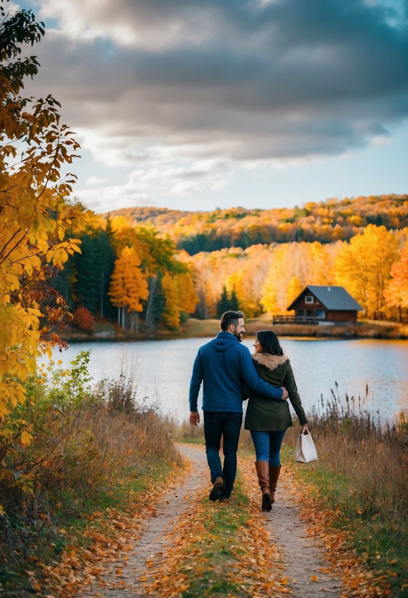 A couple strolling through a picturesque autumn landscape, with colorful foliage, a serene lake, and a cozy cabin nestled in the background