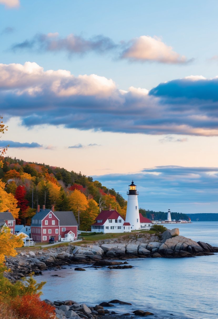 A serene coastal town in Maine, with colorful foliage, lighthouses, and rocky shores on a crisp fall day