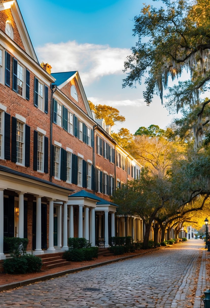 A charming historic district with cobblestone streets and oak-lined squares in Savannah, Georgia during the fall