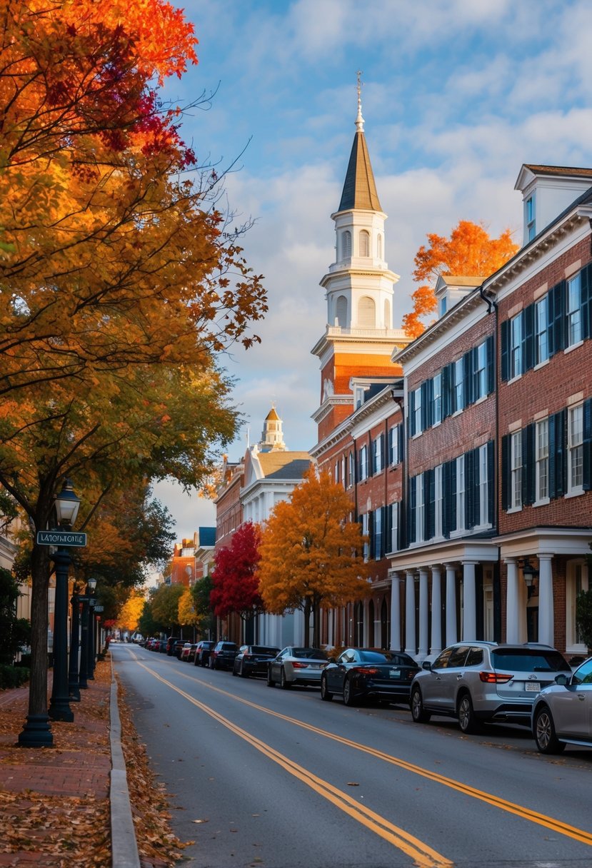 A picturesque scene of colorful autumn foliage lining the streets of Charleston, South Carolina, with charming historic buildings in the background