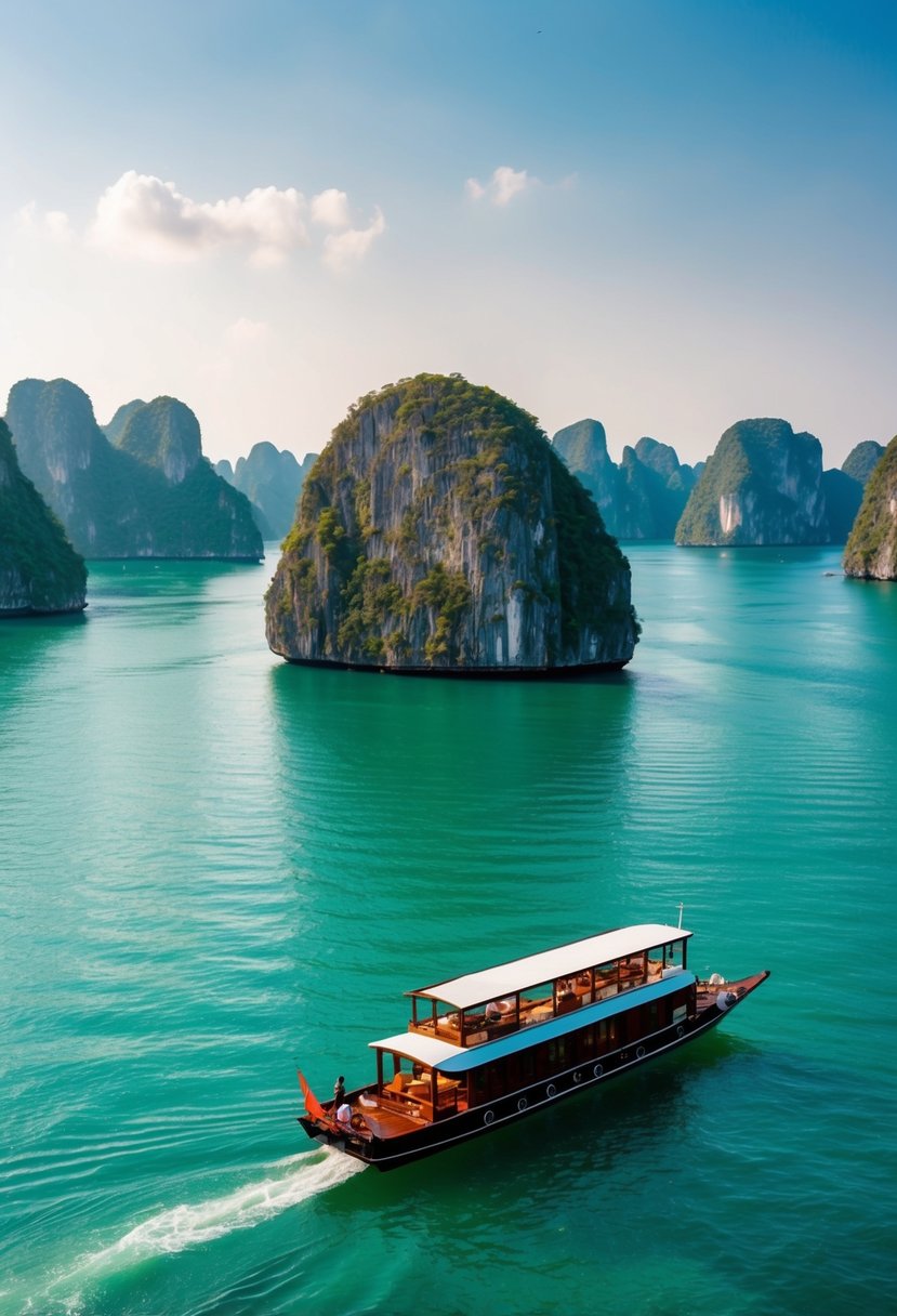 A serene cruise through Halong Bay, with limestone islands and emerald waters, creates the perfect backdrop for a romantic honeymoon getaway in Vietnam