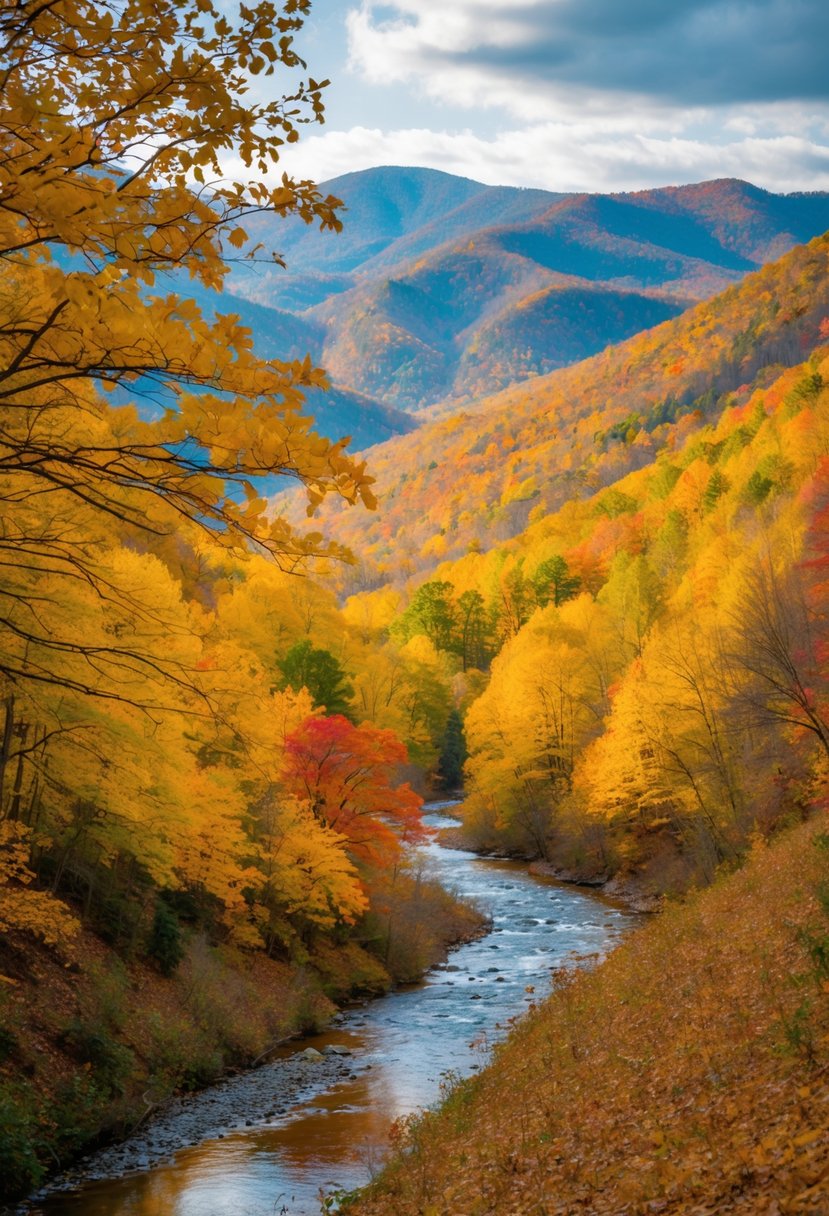 Golden leaves blanket the rolling hills of the Great Smoky Mountains. A tranquil stream winds through the colorful foliage, reflecting the vibrant autumn hues