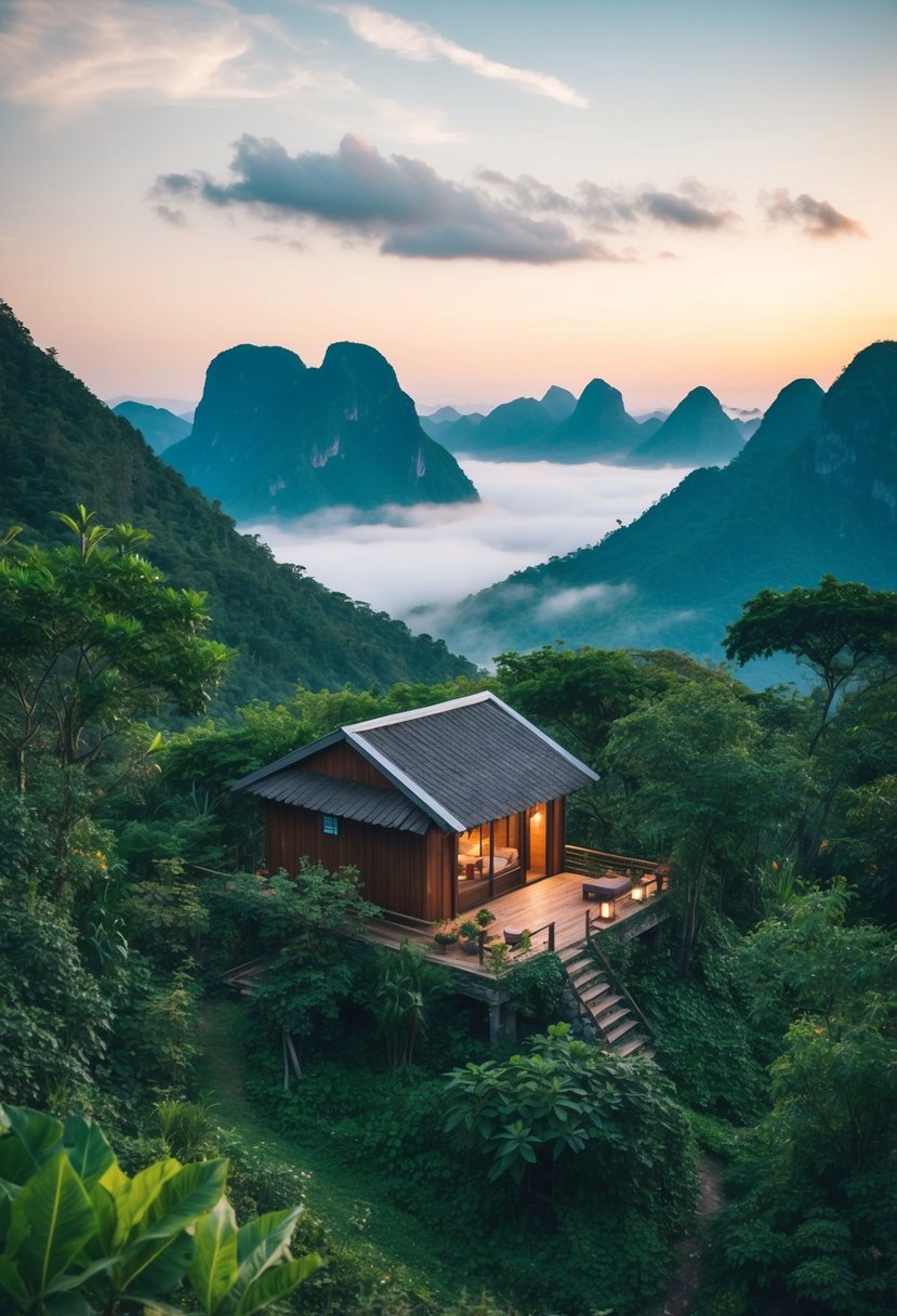 A secluded mountain retreat in Sapa, Vietnam, surrounded by lush greenery and misty peaks, with a cozy cabin nestled among the trees