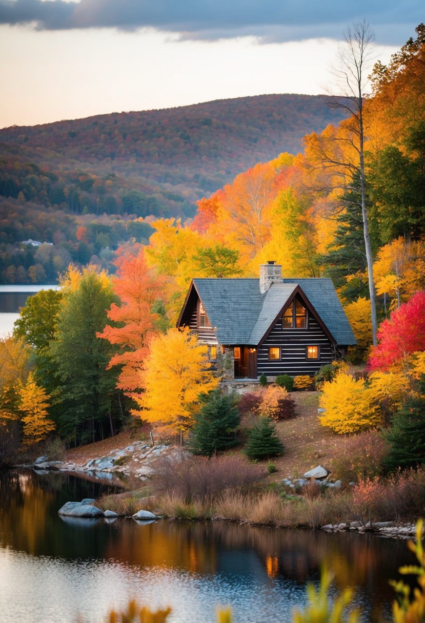 A cozy cabin nestled among vibrant autumn foliage in the Berkshires, with a serene lake and rolling hills in the background