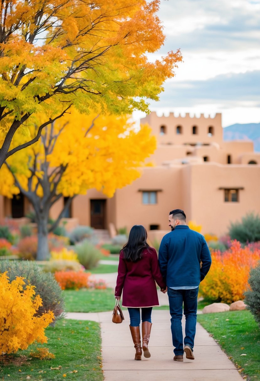 A couple walks through a colorful autumn landscape in Santa Fe, New Mexico, with adobe buildings and vibrant foliage