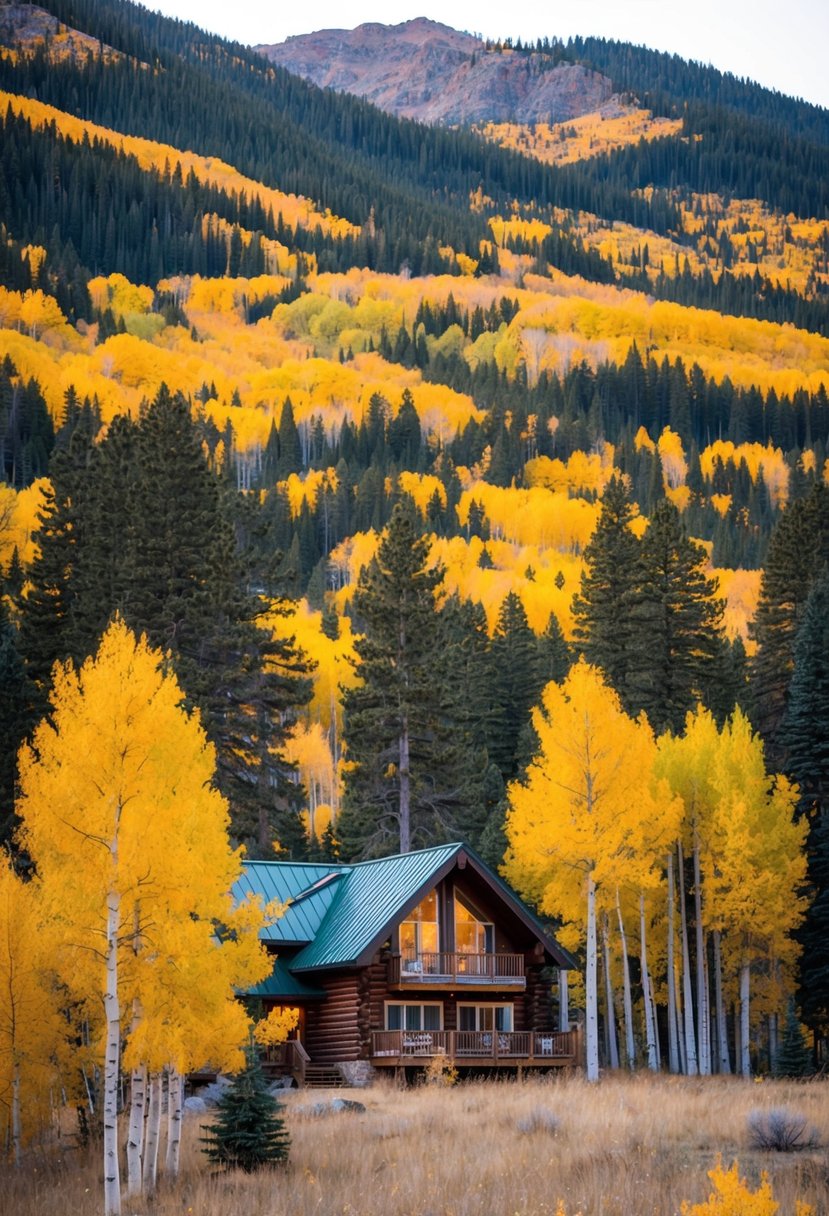 A cozy cabin nestled among colorful aspen trees in the scenic mountains of Vail, Colorado during the fall season