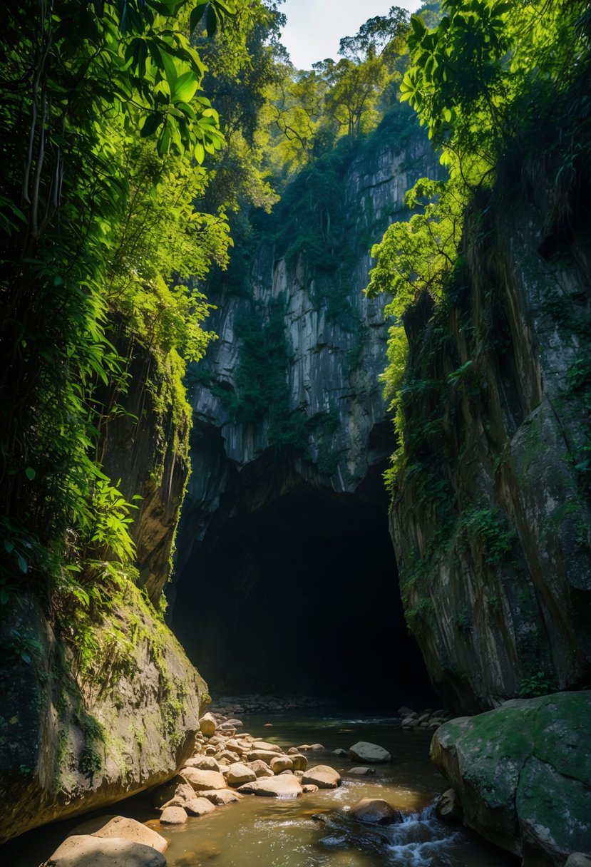 Lush jungle surrounds the entrance to Phong Nha Cave, with a river flowing out from the dark opening. Sunlight filters through the dense foliage, casting dappled shadows on the ancient rock formations